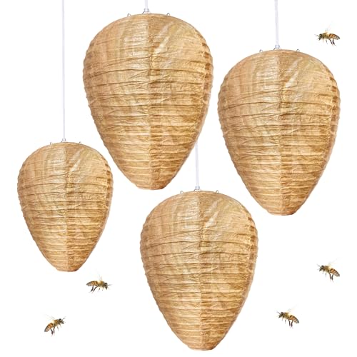 Stingmon 4 Pack Paper Fake Wasp Nest Decoy Hanging, Fake Hornet Nest Decoy Carpenter Bee Deterrent, Wasps Trap Wasp Deterrent Outdoor Yellow Jacket Carpenter Bee Traps for Outsides Garden Patio - Image 1