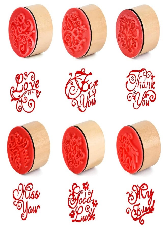 Oytra Rubber Stamps Wooden Round Block Set of 6 Word Printing for Bullet Journal Journaling Scrapbooking Invitations Good Luck Miss You Thank You for You My Friend Love (Word Message Stamp Set) - Image 1