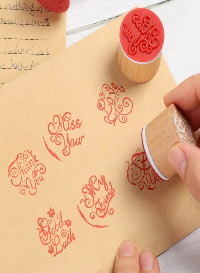 Oytra Rubber Stamps Wooden Round Block Set of 6 Word Printing for Bullet Journal Journaling Scrapbooking Invitations Good Luck Miss You Thank You for You My Friend Love (Word Message Stamp Set) - Image 2