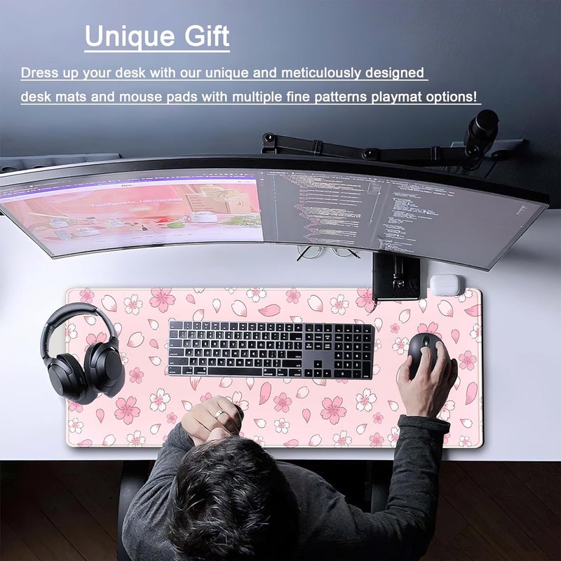 DCJJM Cherry Blossom Mouse Pad Kawaii Pink XL Large Extended Gaming Desk Mat Cute Pastel Anime Desk Pad Aesthetics Laptop Keyboard Mouse Mat Women Office Decor Mousepad with Stitched Edges 31.5''x11.8'' - Image 2