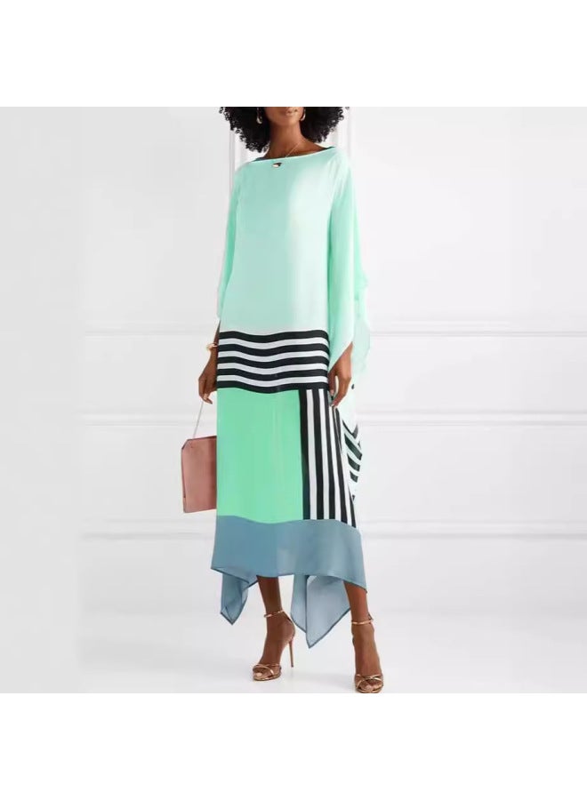 European And American New Summer And Autumn Women's Comfortable Fashion Solid Color Printing Casual Slant Shoulder Long Dress