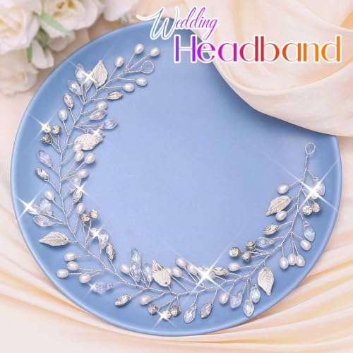 Catery Pearl Bridal Headband Silver Rhinestone Hair Vine Headpiece Wedding Hair Accessories for Brides - Image 2