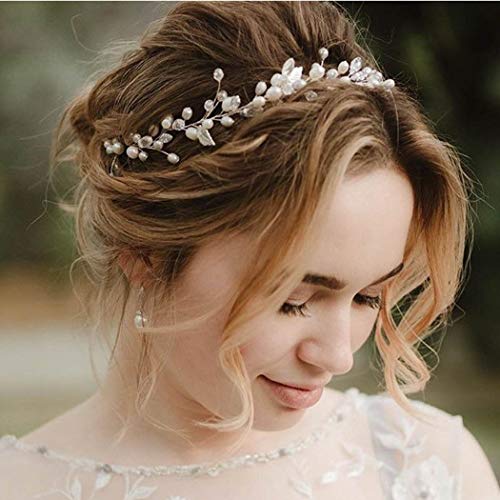Catery Pearl Bridal Headband Silver Rhinestone Hair Vine Headpiece Wedding Hair Accessories for Brides - Image 1