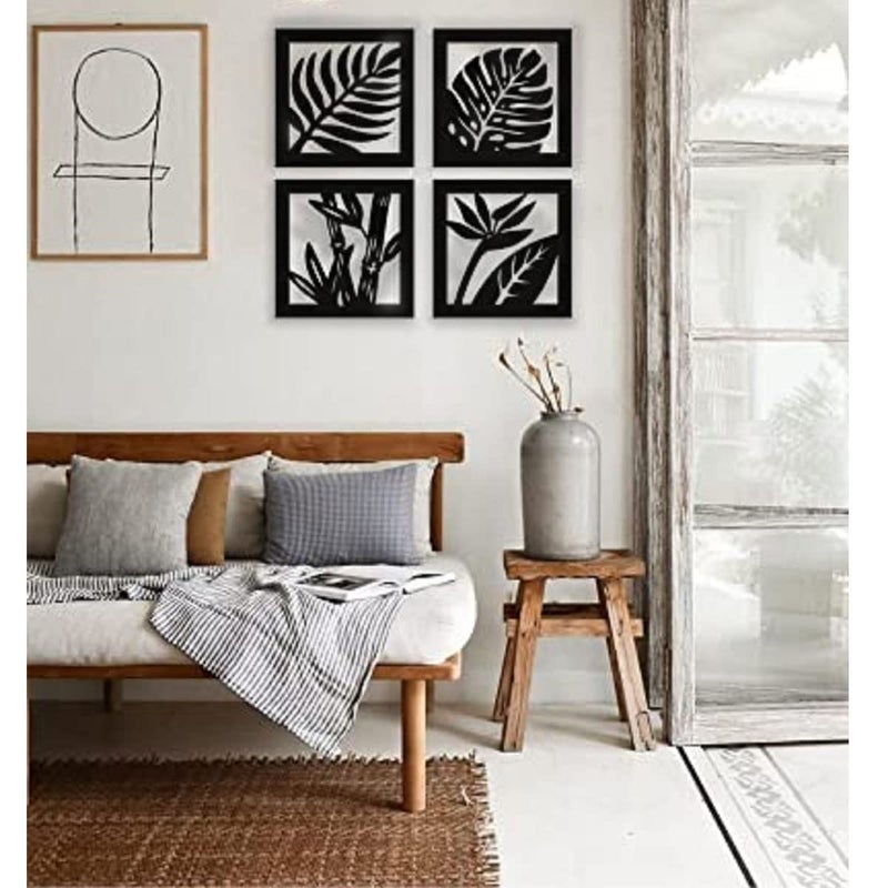 300Sparkles 4 Pcs Set Leaf Pattern Design Wooden Wall Decor Hangings Home Decorative Gifts Item Living Room Bed Room Dinning Area Decoration Black - Image 5