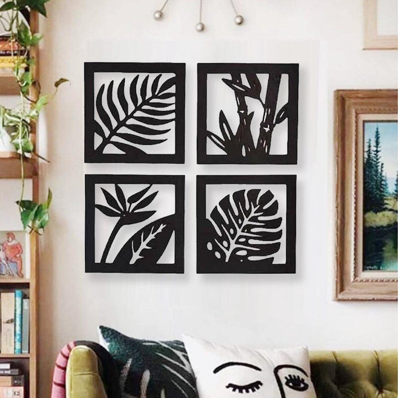300Sparkles 4 Pcs Set Leaf Pattern Design Wooden Wall Decor Hangings Home Decorative Gifts Item Living Room Bed Room Dinning Area Decoration Black - Image 2