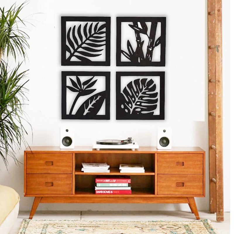 300Sparkles 4 Pcs Set Leaf Pattern Design Wooden Wall Decor Hangings Home Decorative Gifts Item Living Room Bed Room Dinning Area Decoration Black - Image 1