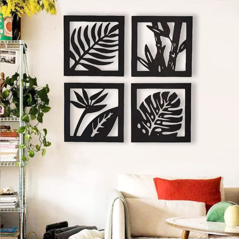 300Sparkles 4 Pcs Set Leaf Pattern Design Wooden Wall Decor Hangings Home Decorative Gifts Item Living Room Bed Room Dinning Area Decoration Black - Image 4