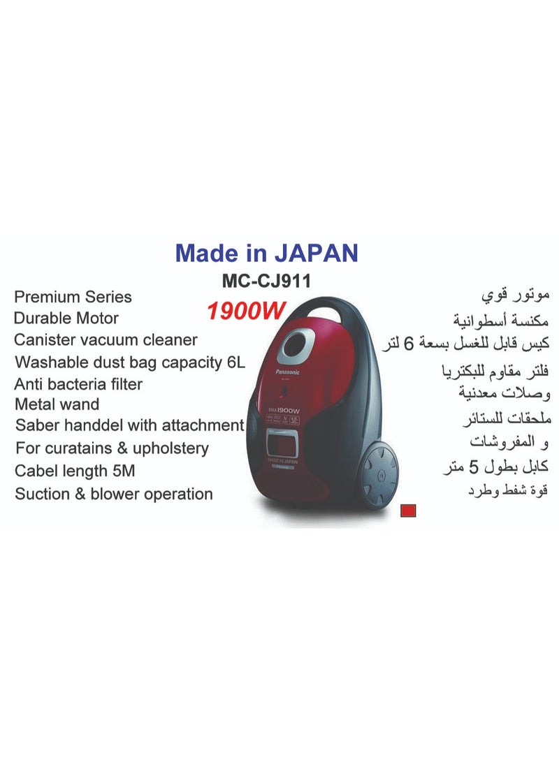 panasonic MC-CJ911R-1900 Watt - 1900 Watt - bag capacity 6 L - AntiBacteria Filter - Red - japan - Image 2