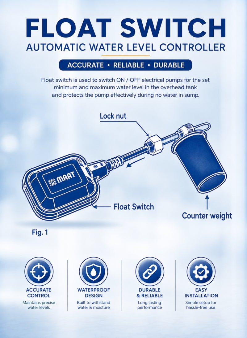 MAAT Heavy Duty Float Switch 5 Meter Cable, Automatic Water Level Controller for Electric Pumps, Overhead Water Tanks & Sumps, Made in India - Image 5