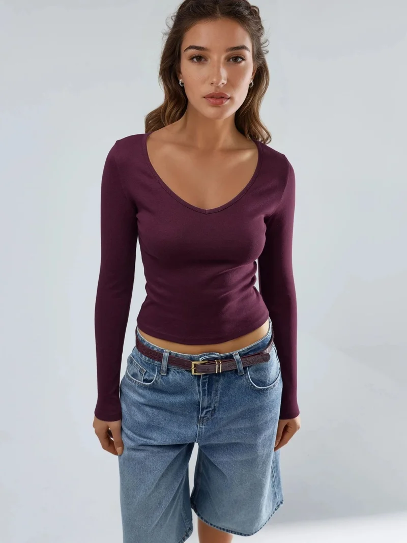 بوسيم بلوزة نسائية بأكمام طويلة وياقة على شكل حرف