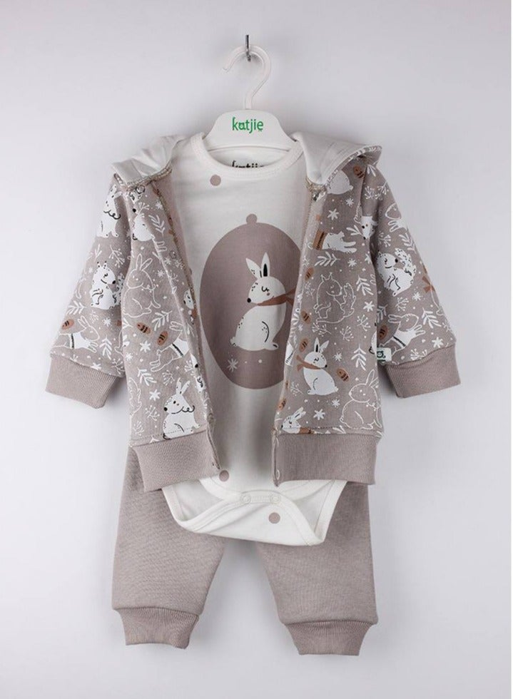 Katjie Baby 3-Piece Winter Set, Sage Green Bunny Print Hoodie with Bodysuit and Pants, Cotton Blend - Image 1
