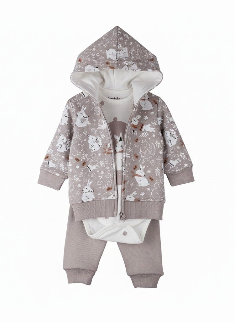 Katjie Baby 3-Piece Winter Set, Sage Green Bunny Print Hoodie with Bodysuit and Pants, Cotton Blend - Image 2