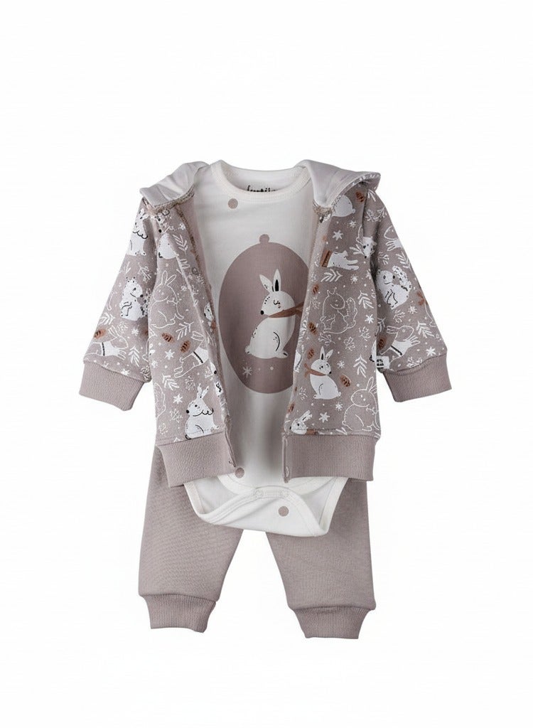 Katjie Baby 3-Piece Winter Set, Sage Green Bunny Print Hoodie with Bodysuit and Pants, Cotton Blend - Image 3