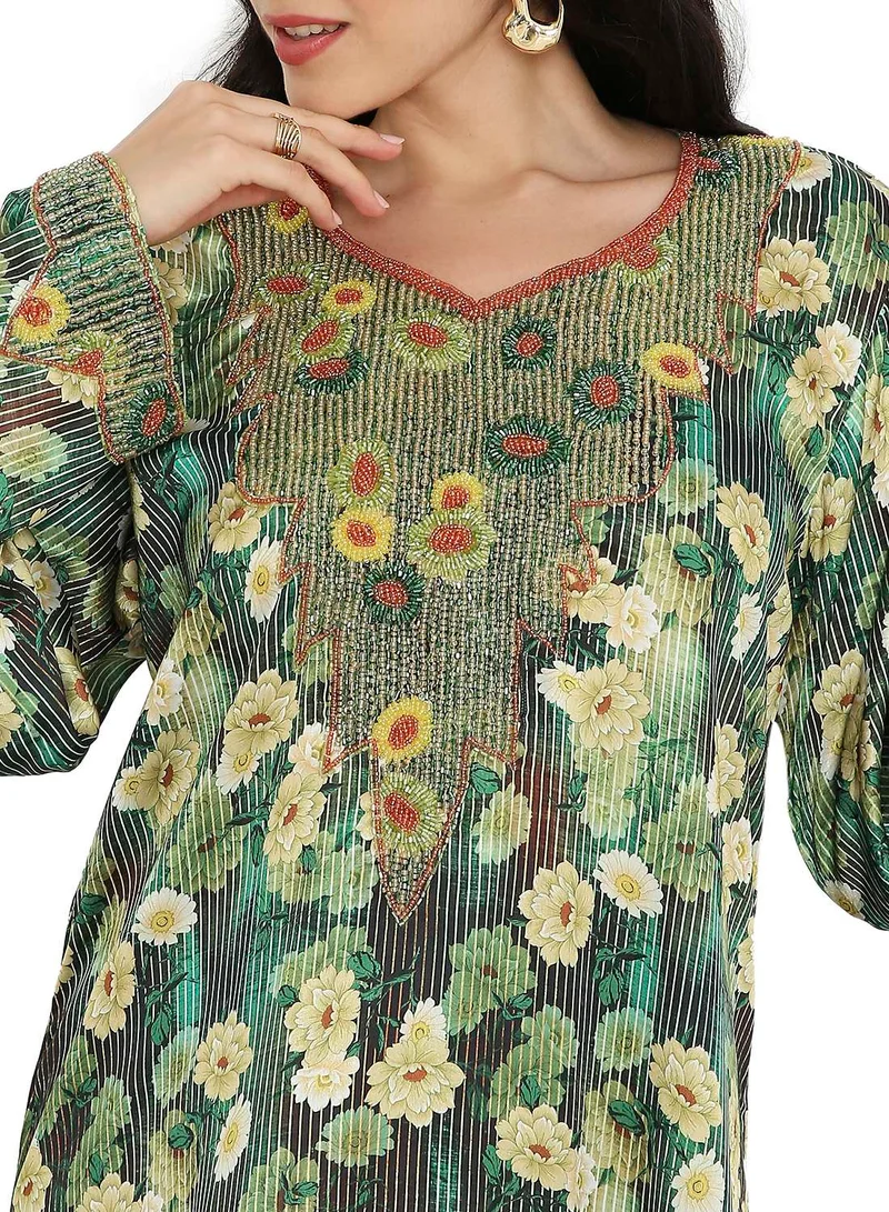 HANA & SARA LONG FLORAL PRINTED MODEST UNIQUE BEADED ARABIC KAFTAN FARASHA JALABIYA DRESSES