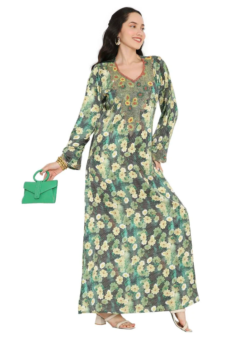 HANA & SARA LONG FLORAL PRINTED MODEST UNIQUE BEADED ARABIC KAFTAN FARASHA JALABIYA DRESSES