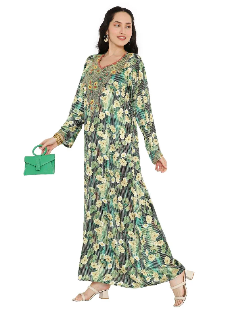 HANA & SARA LONG FLORAL PRINTED MODEST UNIQUE BEADED ARABIC KAFTAN FARASHA JALABIYA DRESSES