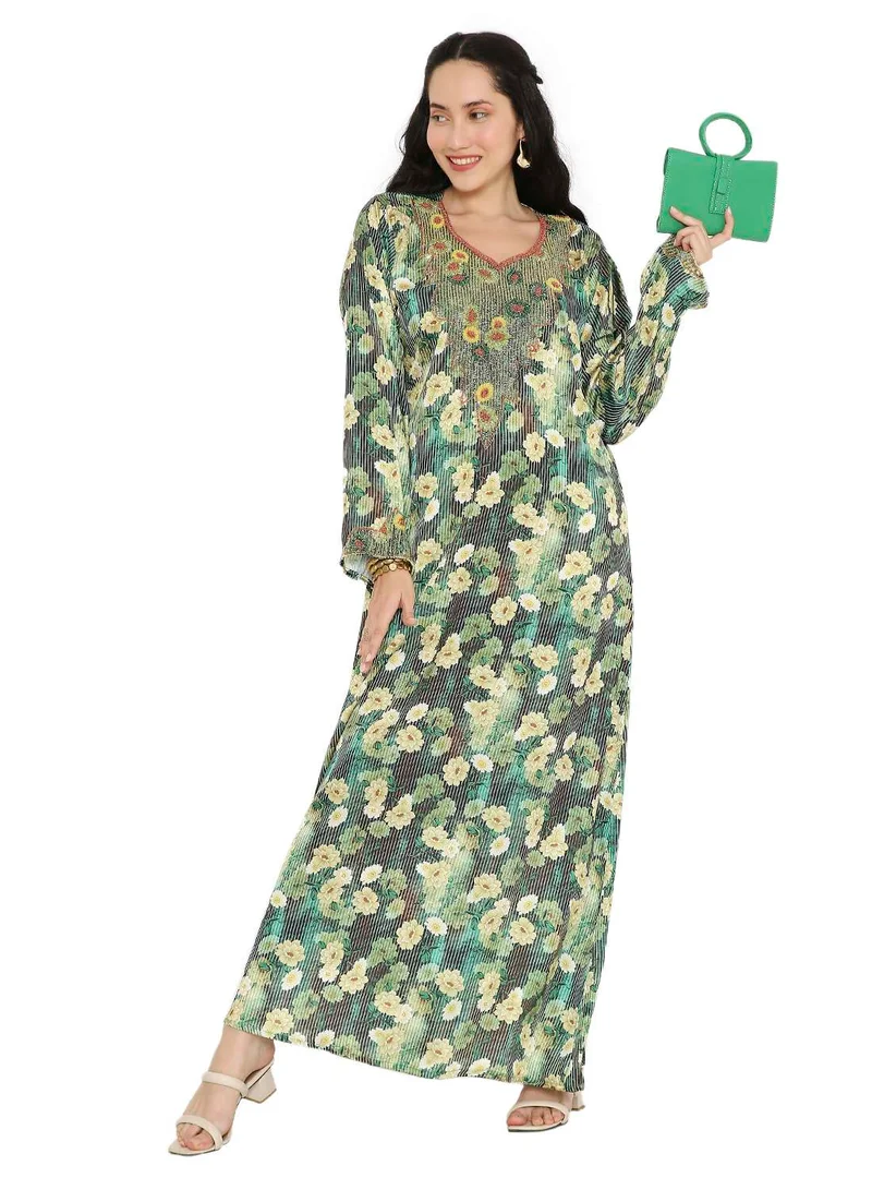 HANA & SARA LONG FLORAL PRINTED MODEST UNIQUE BEADED ARABIC KAFTAN FARASHA JALABIYA DRESSES