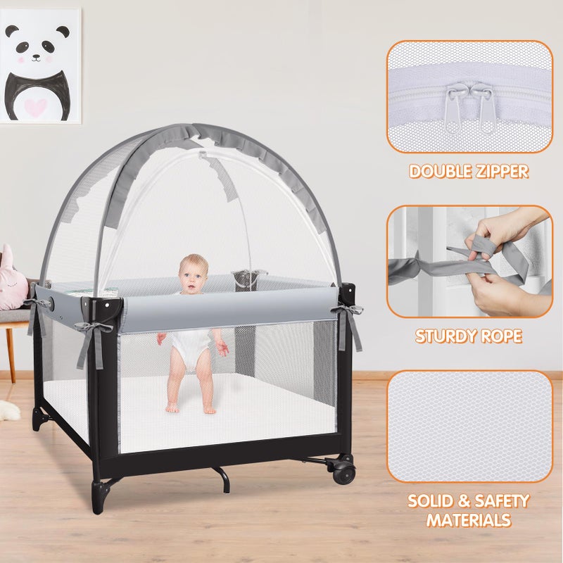 خيمة Zkaitoy Pack N Play - خيمة سرير صغيرة لمنع الطفل من التسلق - شبكة سرير لإبقاء الطفل بداخلها - غطاء أسرة قابل للتنفس - مظلة مع شبكة قوية وسحاب متين (رمادي صغير) - Image 4