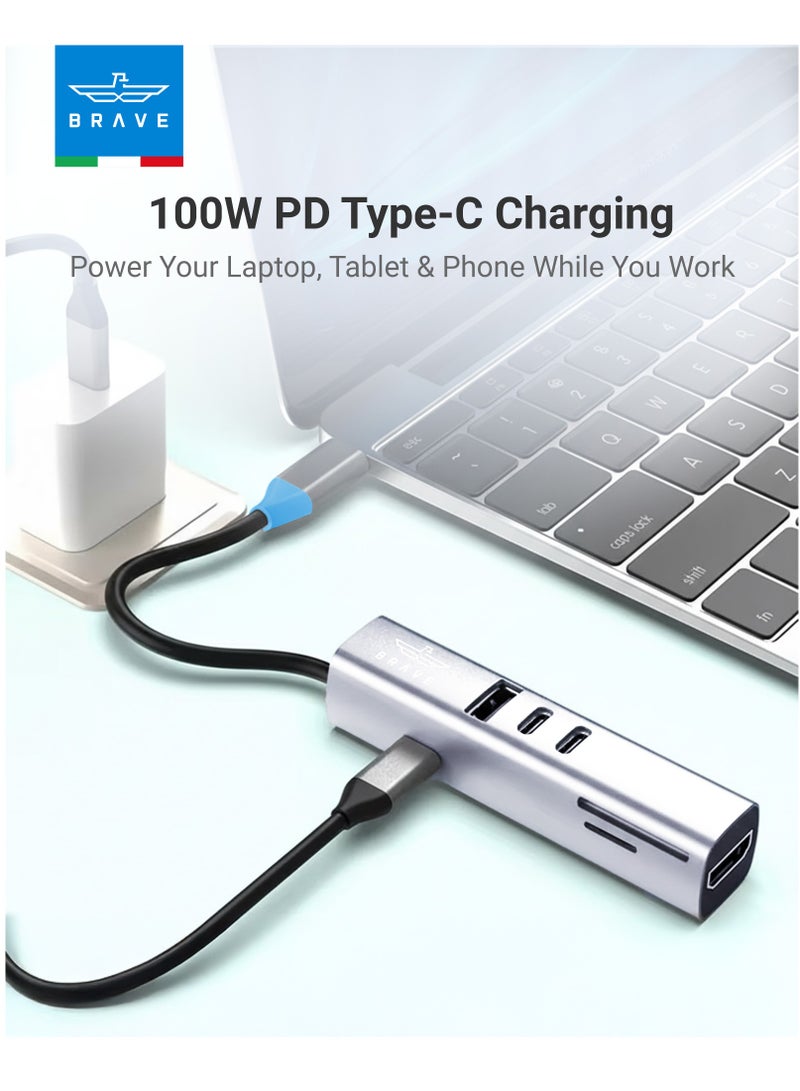 Brave 7-in-1 Multi-Port USB C Hub – 4K HDMI, 100W PD Fast Charging, USB 3.0, 2 USB-C Ports, SD & MicroSD Card Reader – Aluminum Type-C Docking Station for MacBook Pro/Air, iPad Pro, Dell, HP, Lenovo, Surface and All USB-C Laptops - Image 4