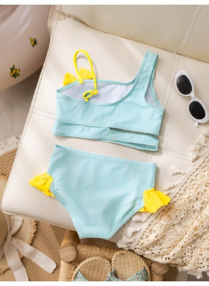 SHEIN KID Girls Bow Decor Asymmetric Neck Swimsuit Set - Image 2