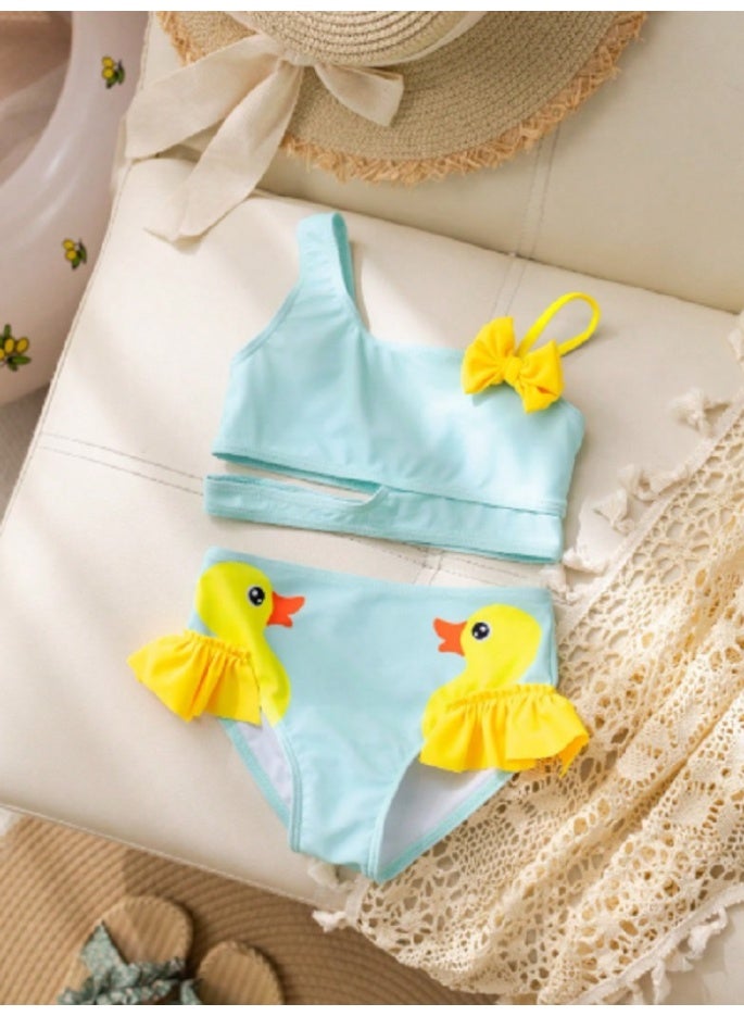 SHEIN KID Girls Bow Decor Asymmetric Neck Swimsuit Set - Image 1