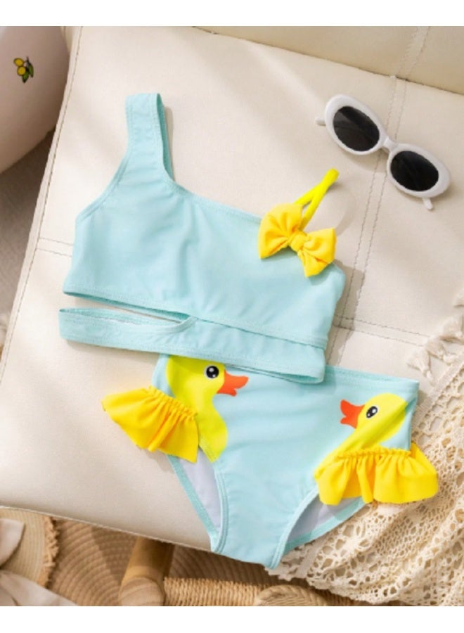 SHEIN KID Girls Bow Decor Asymmetric Neck Swimsuit Set - Image 3