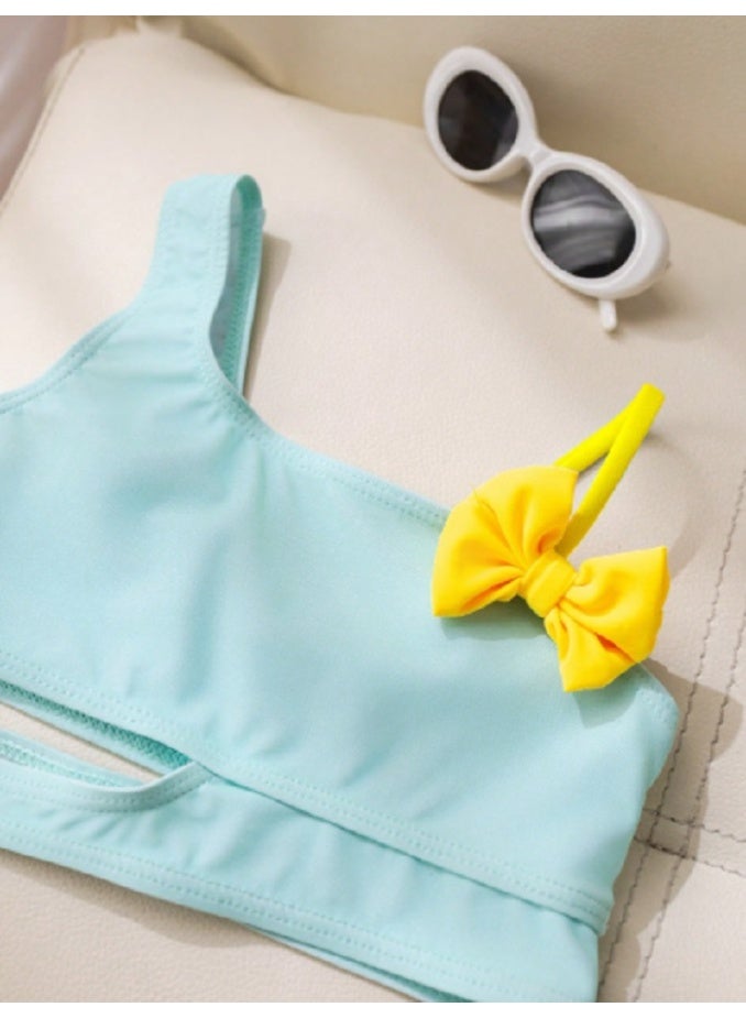 SHEIN KID Girls Bow Decor Asymmetric Neck Swimsuit Set - Image 5