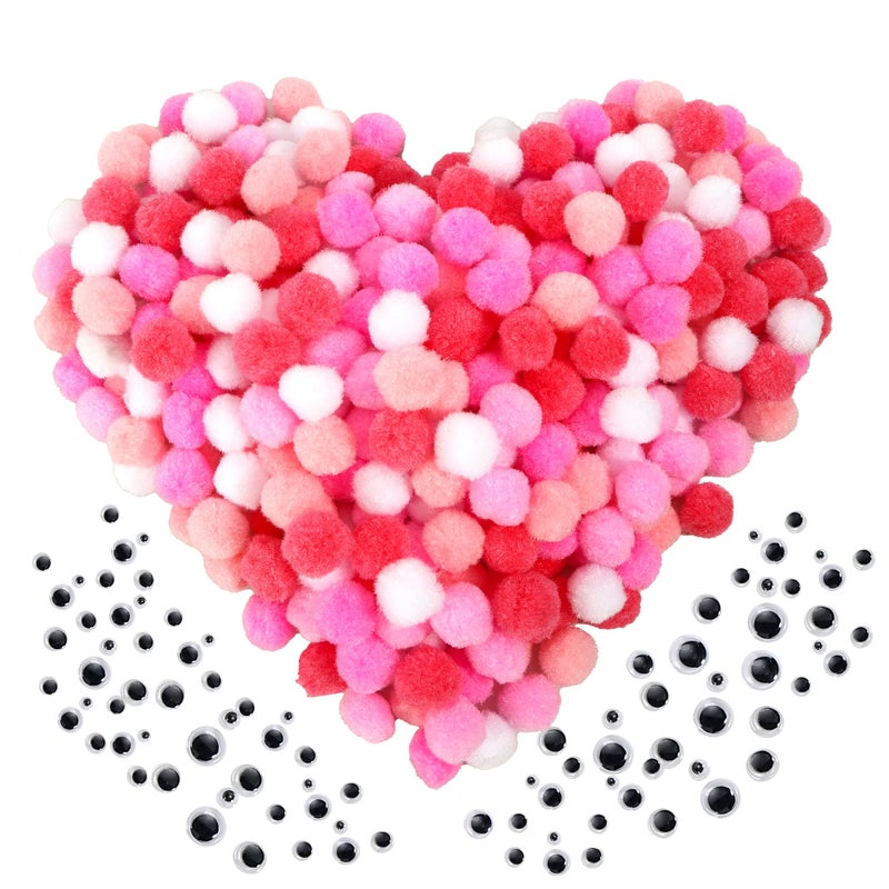 Caydo [400 Pcs] - 300 Pieces 1 Inch Pink Pompoms With 100Pieces Wiggle Eyes Multicolor Arts And Crafts Pom Poms Balls For Kids Diy Art Creative Crafts Decorations - Image 1
