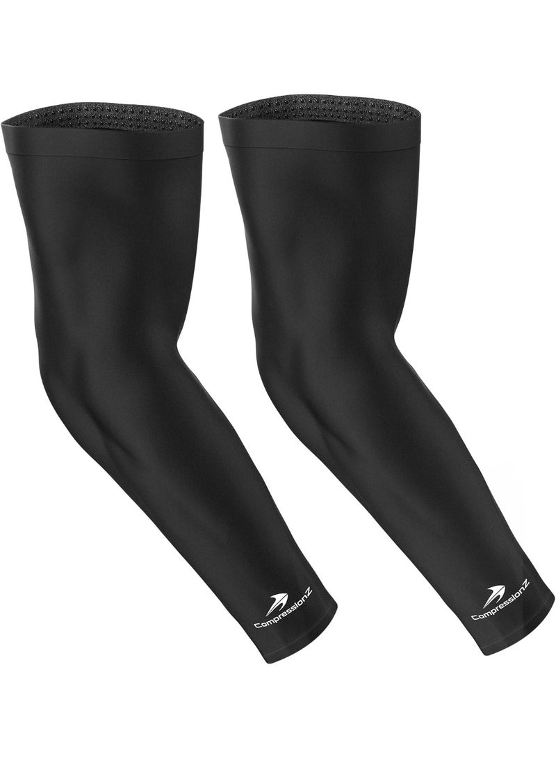 CompressionZ Compression Arm Sleeves for Men & Women| Cooling UV Sun Protection Elbow Pain Relief for All Sports and Recovery Black Pair Large - Image 1