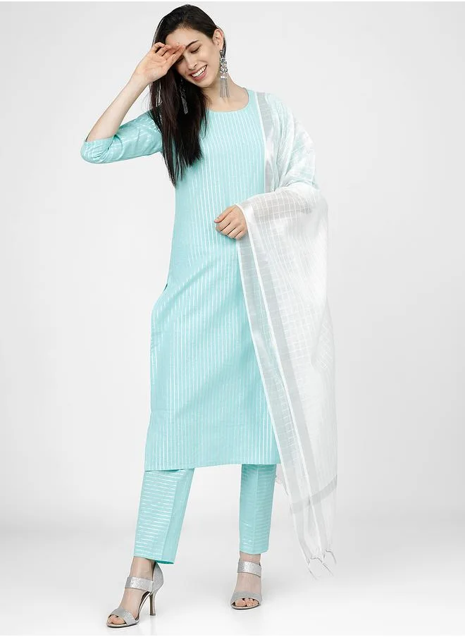 Vishudh Women Blue Striped Cotton Kurta Set with Dupatta by Styli