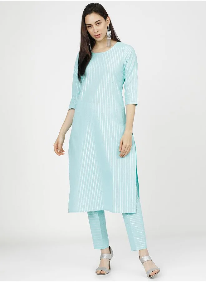 Vishudh Women Blue Striped Cotton Kurta Set with Dupatta by Styli