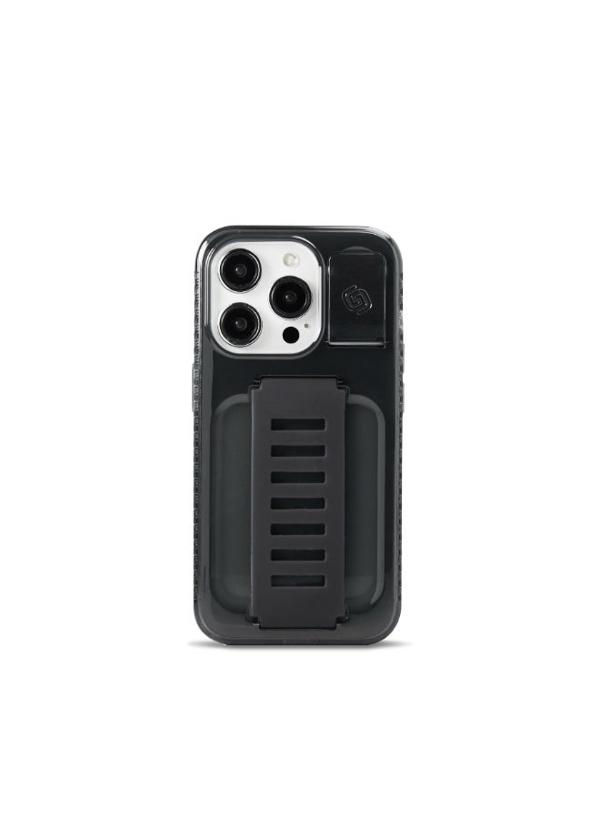 جريب 2 يو غطاء Grip2U BOOST مع حامل مدمج لهاتف iPhone 15 Pro، بلون دخاني، مزود بحزام مدمج لقبضة الإصبع، تصميم نحيف مقاوم للصدمات، حماية من السقوط، متوافق مع الشحن اللاسلكي - Image 1