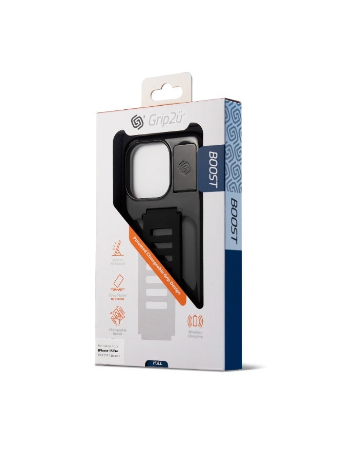 جريب 2 يو غطاء Grip2U BOOST مع حامل مدمج لهاتف iPhone 15 Pro، بلون دخاني، مزود بحزام مدمج لقبضة الإصبع، تصميم نحيف مقاوم للصدمات، حماية من السقوط، متوافق مع الشحن اللاسلكي - Image 4