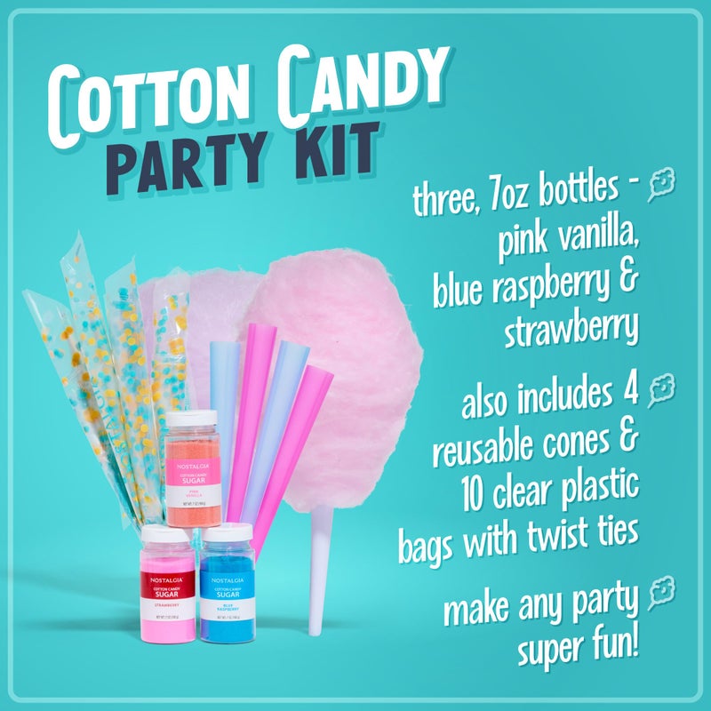 Nostalgia FSCC8 Cotton Candy Party Kit 3 Flavors, 4 Reusable Cones, 10 Floss Bags, 1, blue - Image 2