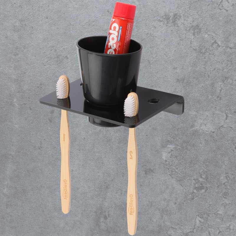 iSTAR Acrylic Wall Mounted Tumbler and 2 Toothbrush Holder | Durable Bathroom Accessories | Toothpaste Holder for Washbasin Kitchen Home | Bathroom Organizer (Black) - Image 4