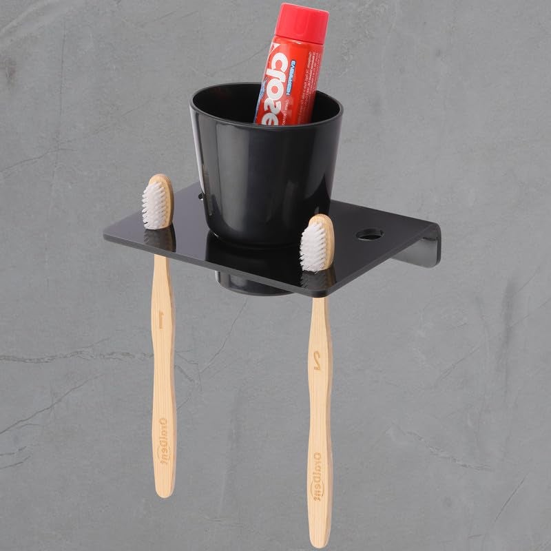 iSTAR Acrylic Wall Mounted Tumbler and 2 Toothbrush Holder | Durable Bathroom Accessories | Toothpaste Holder for Washbasin Kitchen Home | Bathroom Organizer (Black) - Image 2