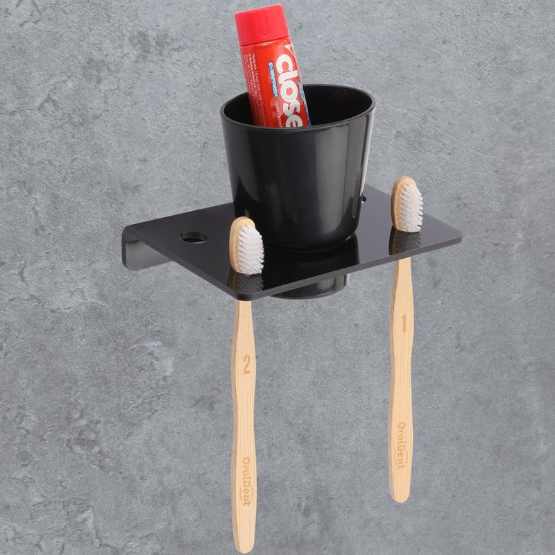 iSTAR Acrylic Wall Mounted Tumbler and 2 Toothbrush Holder | Durable Bathroom Accessories | Toothpaste Holder for Washbasin Kitchen Home | Bathroom Organizer (Black) - Image 3