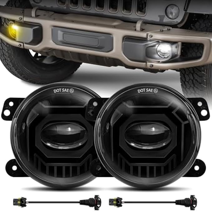 Unity 4 Inch Led Fog Lights Round White  Amber Compatible With Jeep Wrangler Jk Unlimited Jku 20072018 Dot Approved Front Bumper Offroad Fog Lamps Assembly Replacement  Pair - Image 1