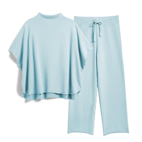 SeeLuNa Womens Two Piece Outfits 34 Batwing Sleeve Capelet Crew Neck Pullover Top Wide Leg Pants Lounge SetBlueGreenS