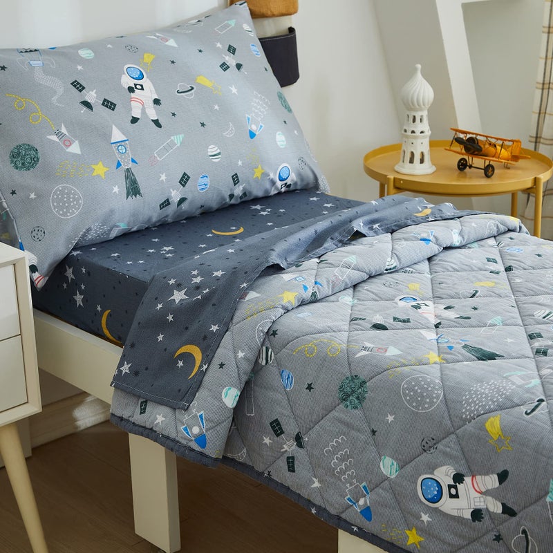 Brandream Brandream 4Piece Toddler Bedding Sets for Boys Space Rocket Galaxy Bed Sheet Set Girls Includes Comforter Top Flat Sheet Fitted Sheets and Pillowcases Cotton 