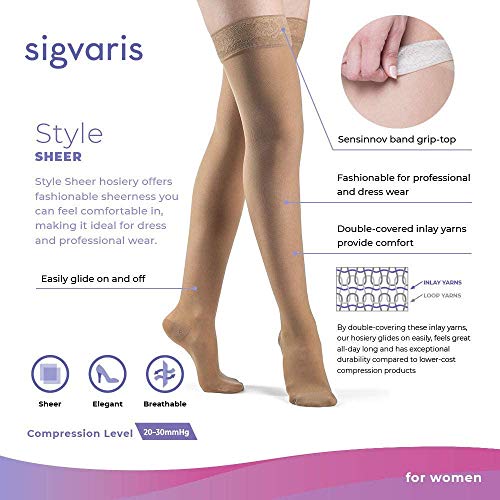 SIGVARIS Women’s Style Sheer 780 Closed Toe Thigh-Highs w/Grip Top 20-30mmHg - Large Short - Cafe - Image 2