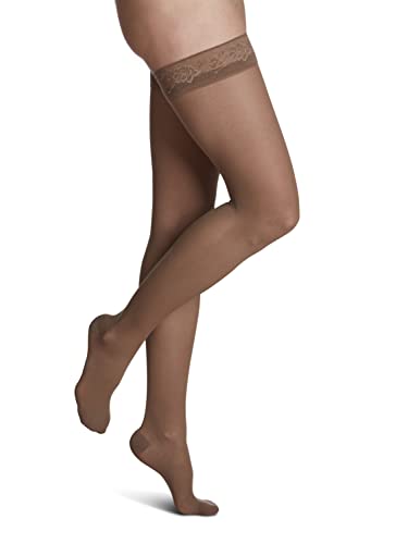 SIGVARIS Women’s Style Sheer 780 Closed Toe Thigh-Highs w/Grip Top 20-30mmHg - Large Short - Cafe - Image 1