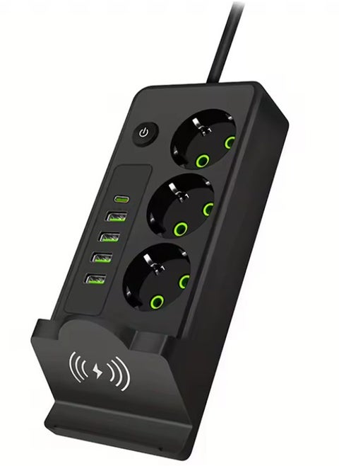 Power Strip 3-Outlet , Strong and flexible cord for powering electrical appliances 4 USB Ports and a Type-C Output, 2500W, 2m Cable, 0.5A wireless charging , Fire-Resistant  Practical design withstands daily use and powers up to 3 devices at the same time , Ideal for offices, bedrooms, meeting tables, and computers , Durable and resistant plastic material , Stable, non-slip feet high quality