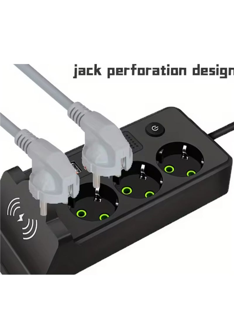 Power Strip 3-Outlet , Strong and flexible cord for powering electrical appliances 4 USB Ports and a Type-C Output, 2500W, 2m Cable, 0.5A wireless charging , Fire-Resistant  Practical design withstands daily use and powers up to 3 devices at the same time , Ideal for offices, bedrooms, meeting tables, and computers , Durable and resistant plastic material , Stable, non-slip feet high quality