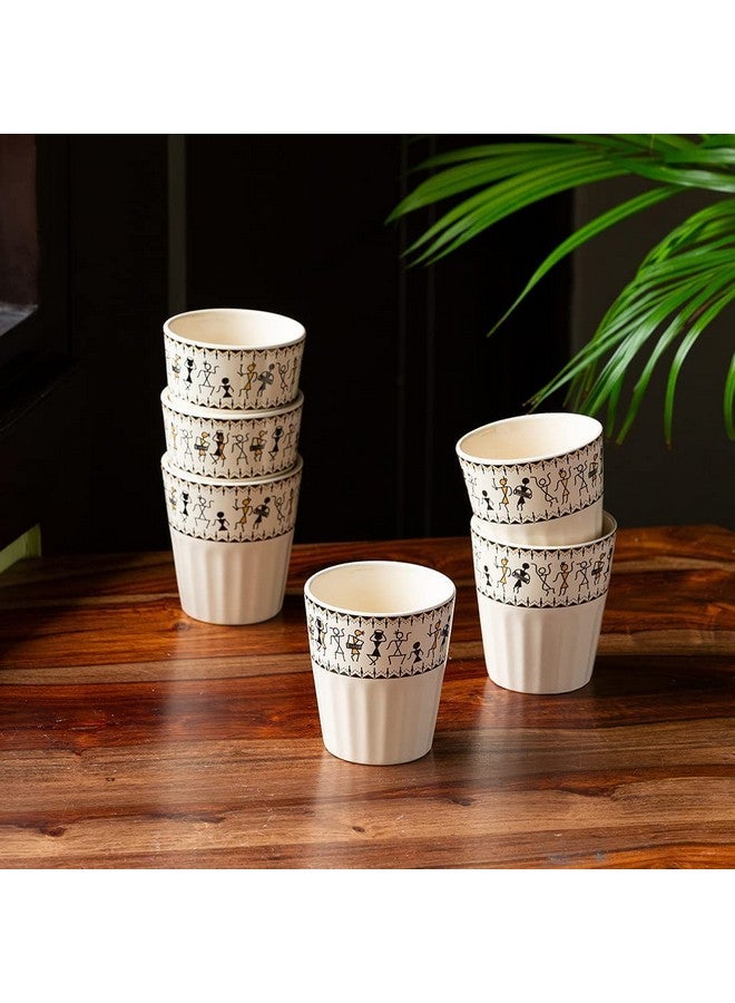 ExclusiveLane 'Whispers of Warli' Handcrafted Ceramic Tea Glass Set Tea Cups for Tea Glasses Set of 6 (160 ML, Microwave Safe, Dishwasher Safe)|Cearmic Tea Cups Set Chai Tea Glasses for Tea Chai Cups| - Image 1