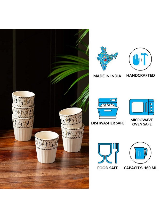 ExclusiveLane 'Whispers of Warli' Handcrafted Ceramic Tea Glass Set Tea Cups for Tea Glasses Set of 6 (160 ML, Microwave Safe, Dishwasher Safe)|Cearmic Tea Cups Set Chai Tea Glasses for Tea Chai Cups| - Image 5