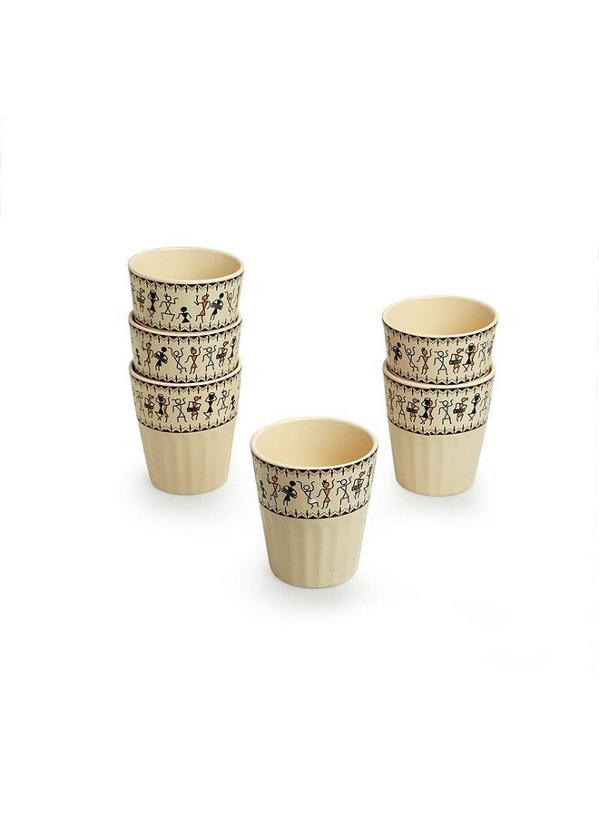 ExclusiveLane 'Whispers of Warli' Handcrafted Ceramic Tea Glass Set Tea Cups for Tea Glasses Set of 6 (160 ML, Microwave Safe, Dishwasher Safe)|Cearmic Tea Cups Set Chai Tea Glasses for Tea Chai Cups| - Image 2