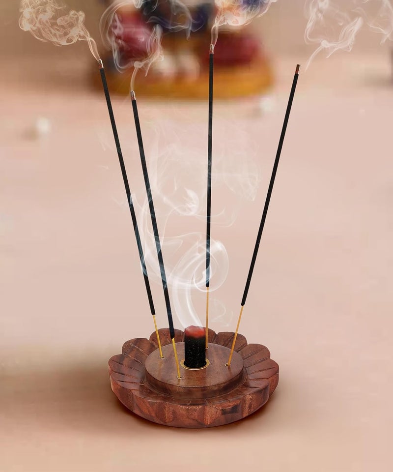 DigiRake Flower Shaped Wooden Dhoop & Agarbatti Stand with Ash Catcher - Sheesham Wood Incense Holder for Pooja Room, Temple & Home Decor - Image 1