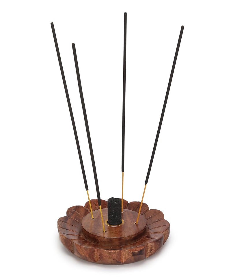 DigiRake Flower Shaped Wooden Dhoop & Agarbatti Stand with Ash Catcher - Sheesham Wood Incense Holder for Pooja Room, Temple & Home Decor - Image 2
