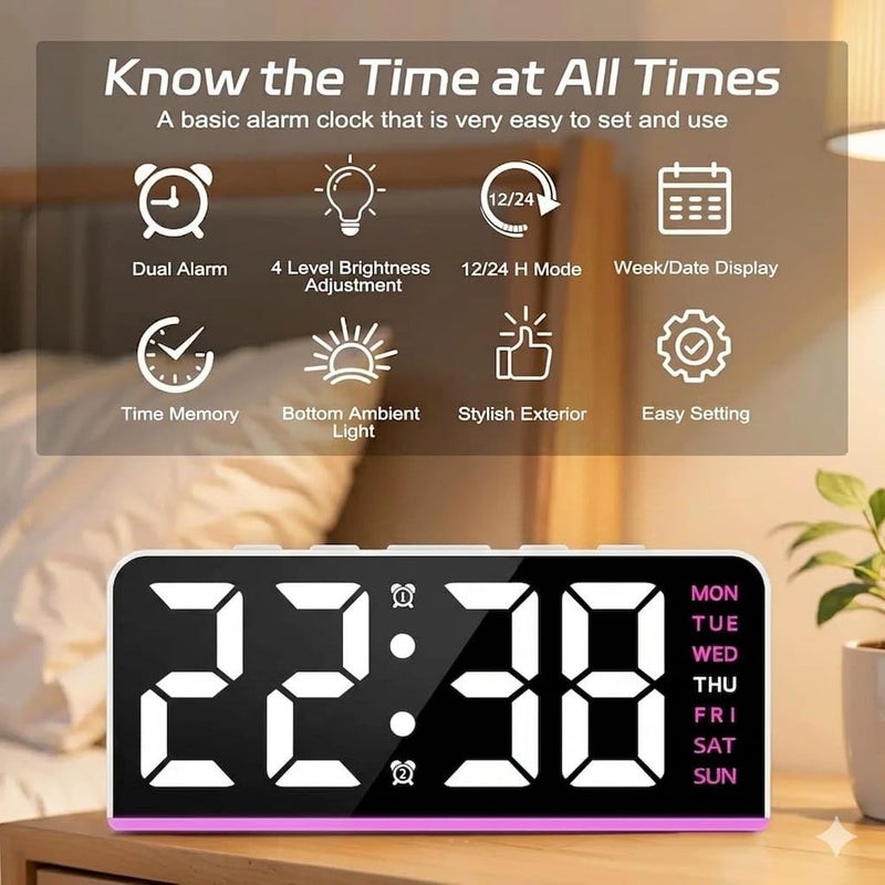 LED Digital Alarm Clock with Backlight – Time, Date, Temperature, Night Light, Snooze Function, Modern Desktop Design, Battery Memory, Auto Brightness Sensor – Powered (Purple) - Image 3